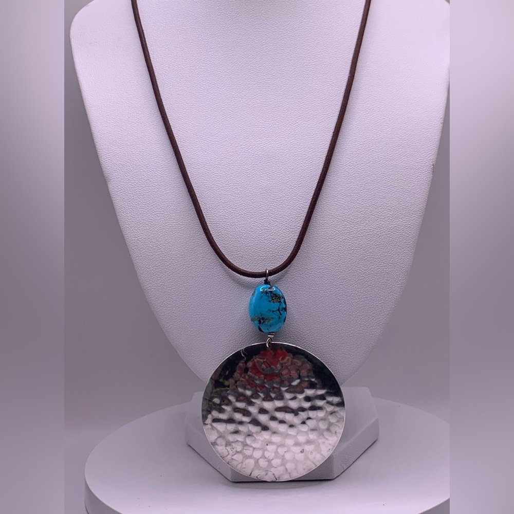Silpada Hammered Sterling Silver Disc w/Turquoise Bead on Leather Cord Necklace